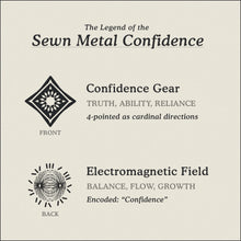 Load image into Gallery viewer, Translation Card for Sewn Metal Confidence necklace featuring 4 pointed gear and Electromagnetic Field by Caps Brothers