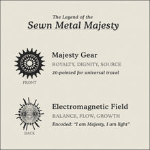 Load image into Gallery viewer, Translation Card for Sewn Metal Majesty necklace featuring 20 pointed gear and Electromagnetic Field by Caps Brothers