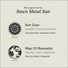 Load image into Gallery viewer, Translation Card for Sewn Metal Sun necklace featuring 20 pointed gear and Map of Humanity by Caps Brothers