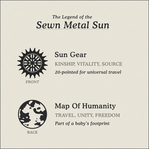 Translation Card for Sewn Metal Sun necklace featuring 20 pointed gear and Map of Humanity by Caps Brothers