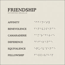 Load image into Gallery viewer, Translation Card for Code of Friendship necklace from English to Inverted Braille by Caps Brothers