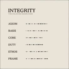 Load image into Gallery viewer, Translation Card for Code of Integrity necklace from English to Truncated Barcode by Caps Brothers