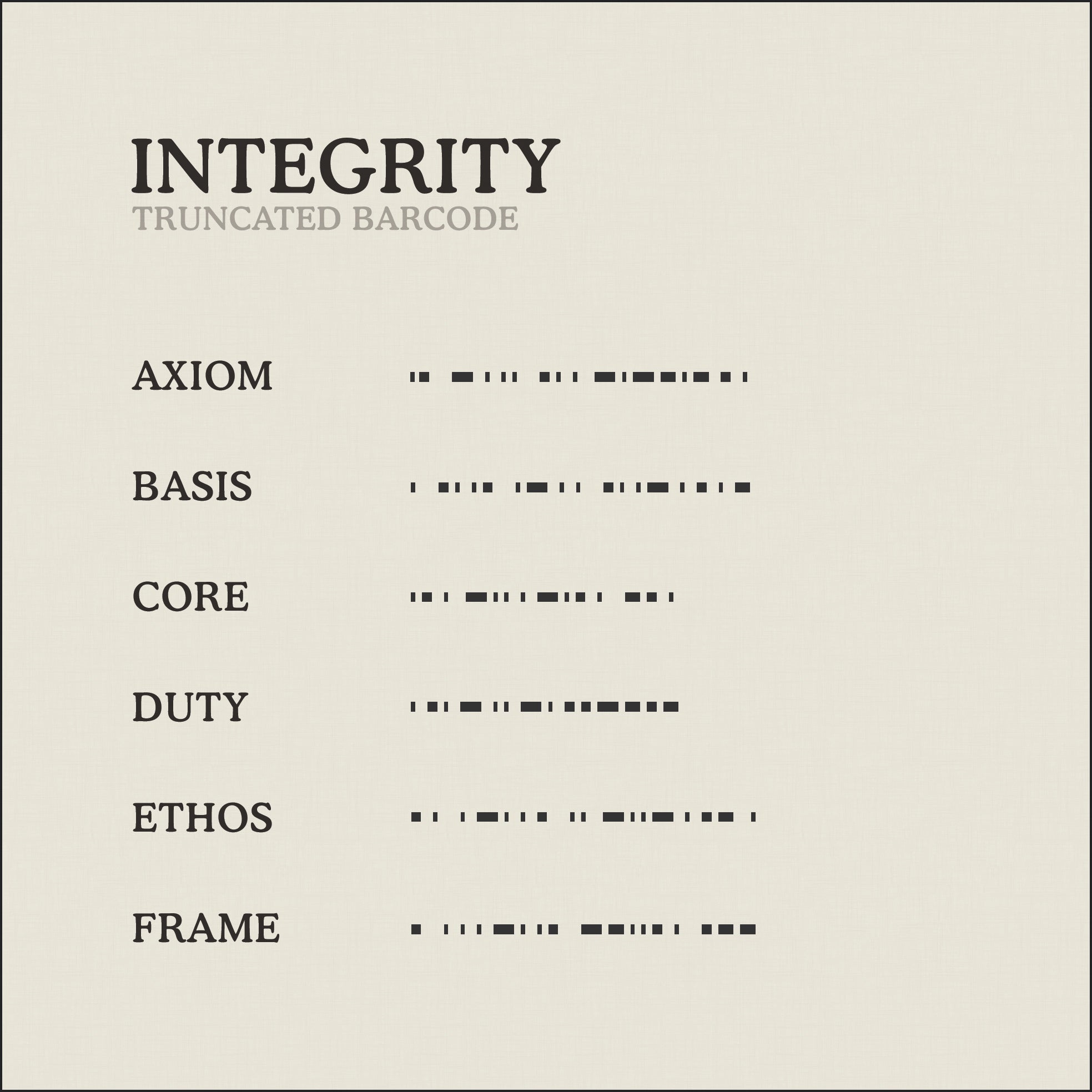 Translation Card for Code of Integrity necklace from English to Truncated Barcode by Caps Brothers